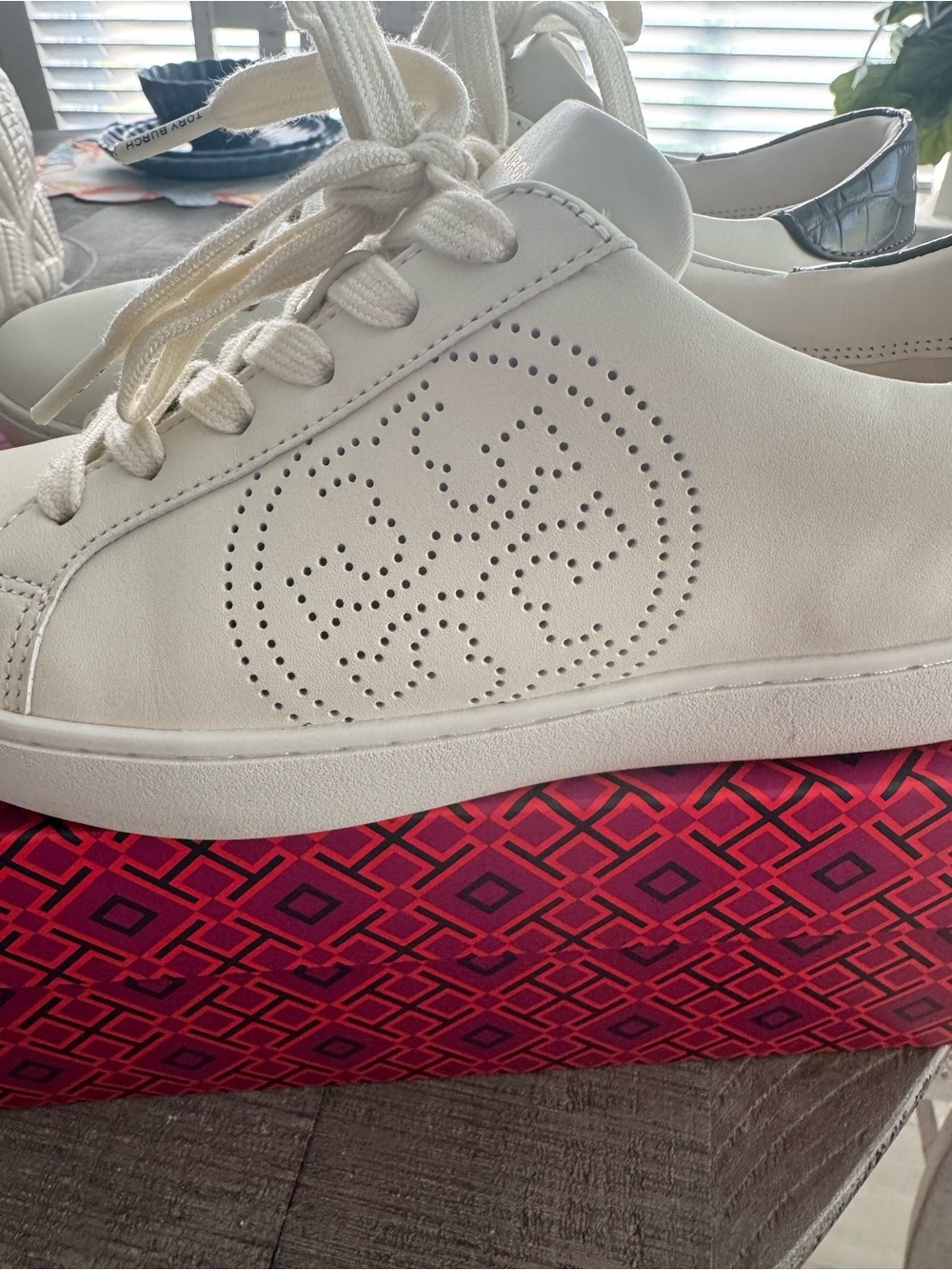 Tory Burch White Perforated Logo Leather Sneaker with Silver Heel Accent